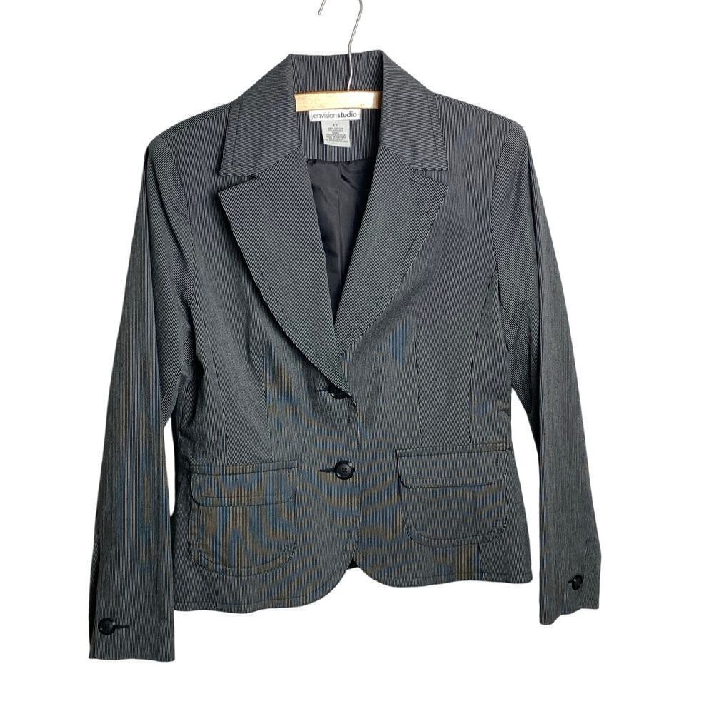 Vtg 90s Envision Studio Grey Black Pinstripe Blazer Size 12 Office Professional